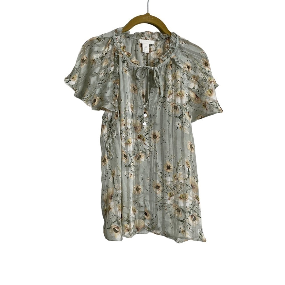 H&M Light Green Floral Tie Neck Blouse 10